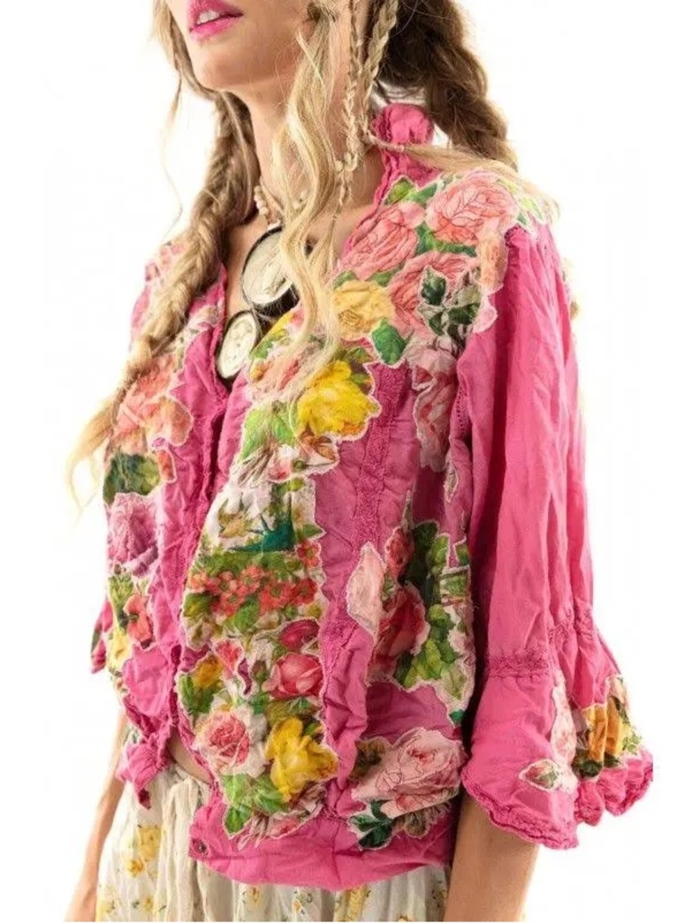 Magnolia Pearl Rose-Print Fuchsia Floral Button Jacket